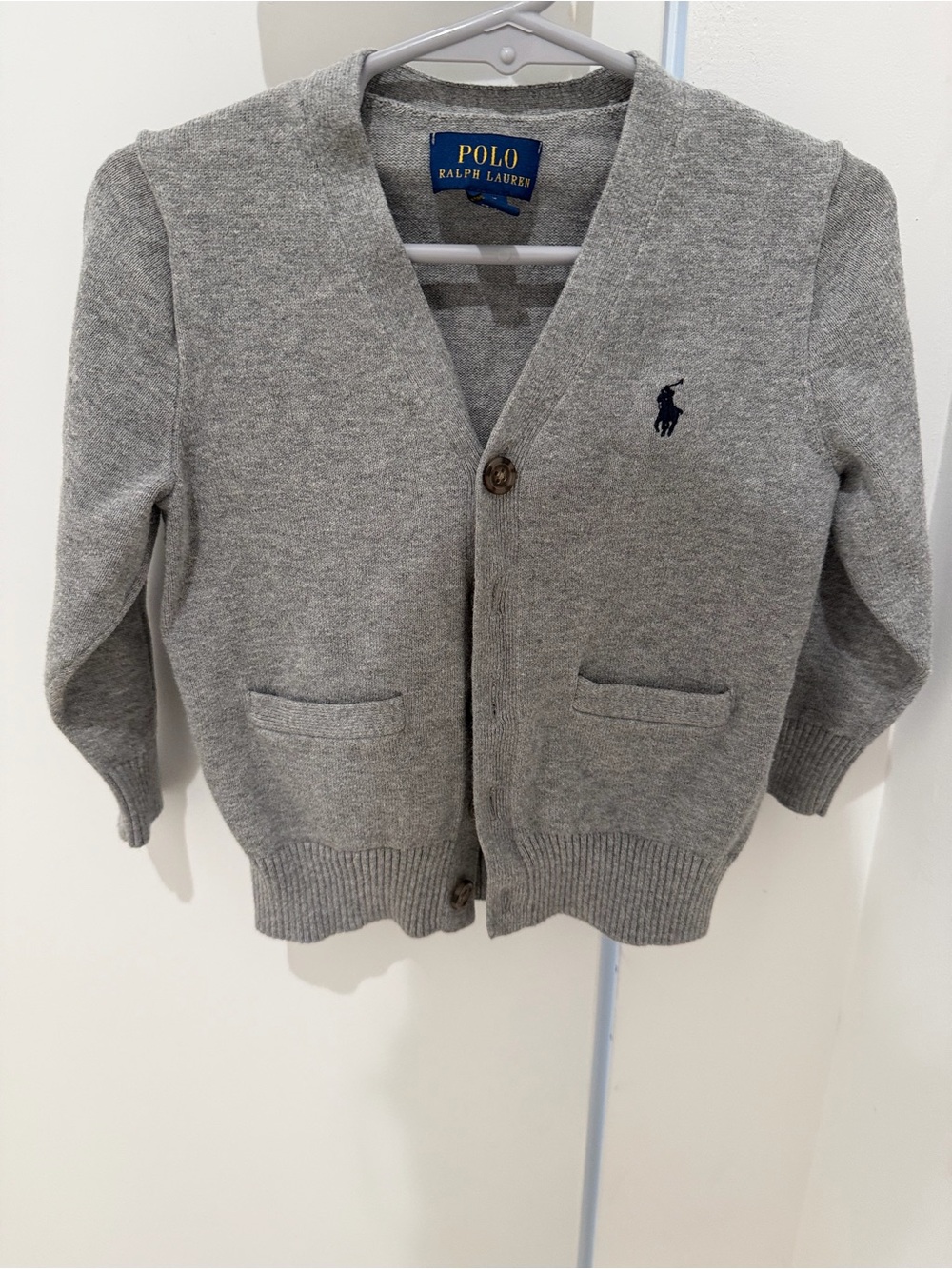 Polo by Ralph Lauren Kids Gray V-Neck Button Cardigan with Navy Pony